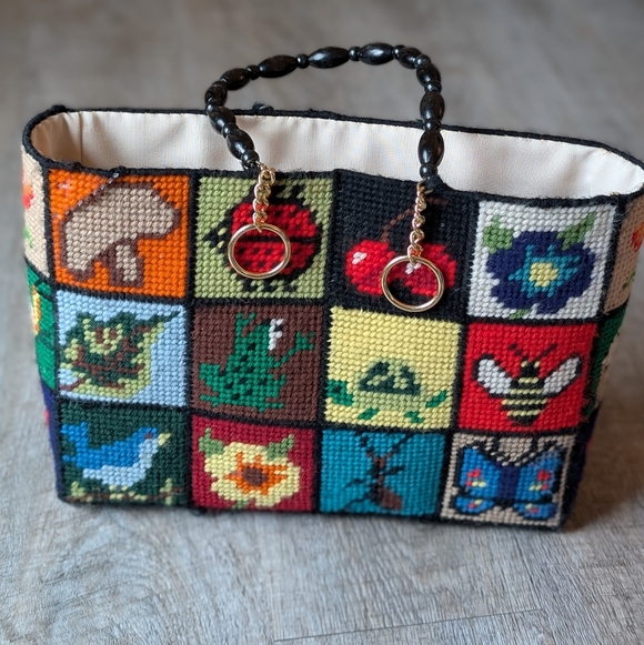 1970s Columbia Minerva "Ecology" Needlepoint Handbag Patchwork Vintage - Picture 7 of 10